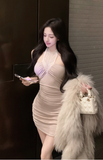 Stylish Shimmery Beige Mini Dress with Ruched Design