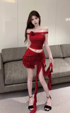 Stylish Red Off - Shoulder Set with Ruffled Skirt and Flower Decor