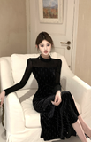 Elegant Black Velvet Gown with Sheer Long Sleeves