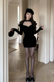 Elegant Long - Sleeve Black Mini Dress with Choker Neckline
