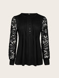 Button V Neck Long Sleeve Pleated Front T-Shirt