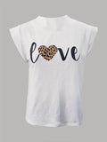 White Leopard Letter Print Casual Mock Neck T-Shirt