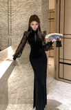 Elegant Black Maxi Dress with Sheer Lace Sleeves