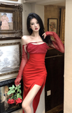 Elegant Red Off - Shoulder Gown with Sheer Long Sleeves