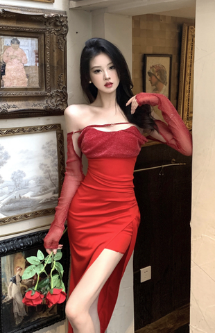 Elegant Red Off - Shoulder Gown with Sheer Long Sleeves