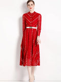 Red Lace Embroidered Mock Neck Button Long Sleeve Dress