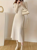 Causal Ribbed Mock Neck Long Sleeve Midi Dress
