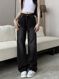 Black High Waist Straight Loose Fit Slant Pockets Jean