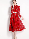 Red Lace Embroidered Mock Neck Button Long Sleeve Dress