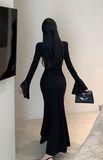 Elegant Black Mermaid Gown with Bell - Shaped Sleeves