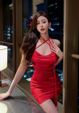 Glamorous Red Satin Halter Neck Bodycon Mini Dress