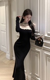 Stylish Black Mermaid Dress with White Lace Detailing