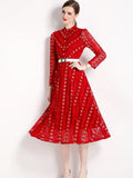 Red Lace Embroidered Mock Neck Button Long Sleeve Dress