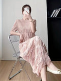 Pink  Crew Neck Short Sleeve Maxi Fringe Dress