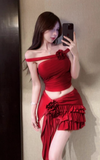 Stylish Red Off - Shoulder Set with Ruffled Skirt and Flower Decor