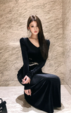 Elegant Black Velvet Mermaid Dress with Lace Waist Detail