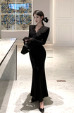 Elegant Long - Sleeve Black Mermaid Dress with Ruffles