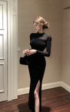 Elegant Black Velvet Gown with Sheer Long Sleeves