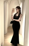 Elegant Black Halter Velvet Gown with Lace Detail