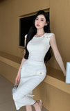 Elegant White Sleeveless Knit Set with Gold Buttons