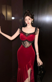 Stylish Sleeveless Dress with Floral Lace and High - Slit