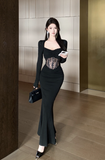 Elegant Long - Sleeve Black Gown with Lace Corset Detail