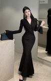Elegant Black Mermaid Gown with Bell - Shaped Sleeves
