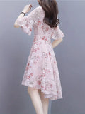Ruffle Trim Sleeve Airy Floral Print  Chiffon Dress