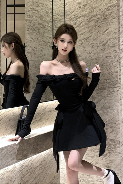 Stylish Long - Sleeve Mini Dress with Off - the - Shoulder Design
