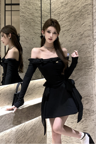 Stylish Long - Sleeve Mini Dress with Off - the - Shoulder Design