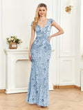 Mesh V Neck Sequin Cap Sleeve Ankle Prom Party Dress