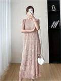 Pink  Crew Neck Short Sleeve Maxi Fringe Dress