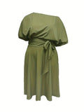 Green Puffy Sleeve Belt Midi A Line Party Dress