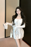 Elegant Off - Shoulder White Dress with Snake Print Lace