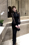 Elegant Black Maxi Dress with Sheer Lace Sleeves