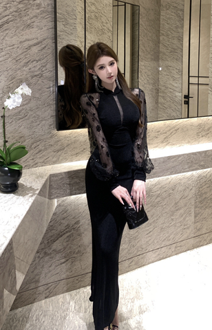 Elegant Black Maxi Dress with Sheer Lace Sleeves