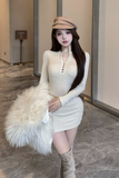 Stylish Beige Bodycon Dress with Lace Neckline Detail