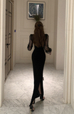 Elegant Black Maxi Dress with Sheer Lace Sleeves