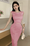 Elegant White Sleeveless Knit Set with Gold Buttons