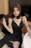 Elegant Ivory Satin Halter Mini Dress with Flower Choker