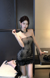 Stylish Strapless Dress with Floral Lace and Ruffled Hem