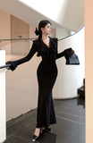 Elegant Long - Sleeve Black Mermaid Dress with Ruffles