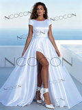 Modern Scoop Neck Cap Sleeve Satin Wedding Dress Split