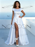 Modern Scoop Neck Cap Sleeve Satin Wedding Dress Split