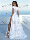 Modern Scoop Neck Cap Sleeve Satin Wedding Dress Split