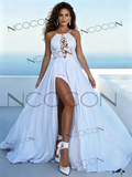 Stunning A-Line Chiffon Halter Wedding Dress Backless Split Train