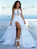 Stunning A-Line Chiffon Halter Wedding Dress Backless Split Train