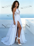 Stunning A-Line Chiffon Halter Wedding Dress Backless Split Train