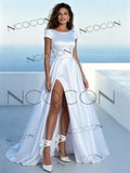 Modern Scoop Neck Cap Sleeve Satin Wedding Dress Split