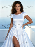 Modern Scoop Neck Cap Sleeve Satin Wedding Dress Split